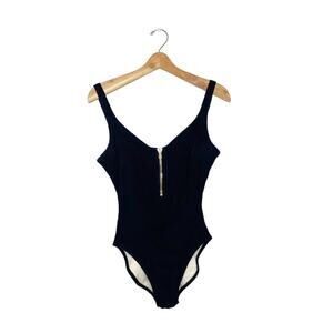 Vintage 90s Slimsuit Size 6 Swim Suit Black Textured Gold Zipper Low Cut Sexy